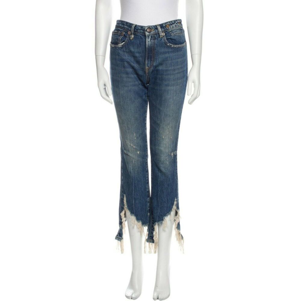 R13 Spiral Kick Kelly W frayed raw hem cropped distressed blue denim jeans Sz 27